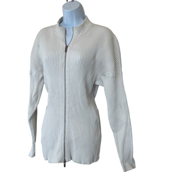 A.L.C. White Ribbed Knit Full Zip Sweater LARGE Work Quiet Luxury Designer $500 - Picture 12 of 14